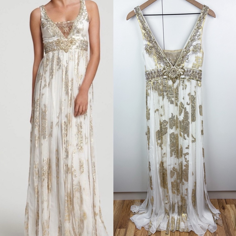 Sue Wong Silk Gold Beaded Lurex Carwash White Maxi Gown Goddess Formal Nocturne